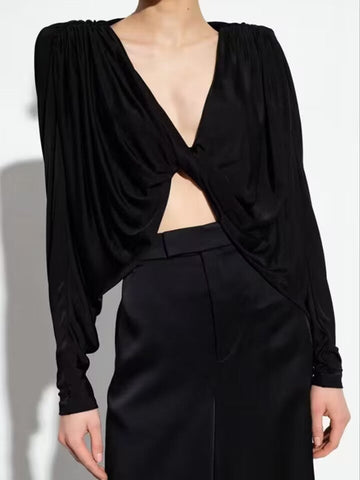 Autumn Street Fashion Trend Sexy Deep V Kinesi Folded Temperament Bat Top Woman